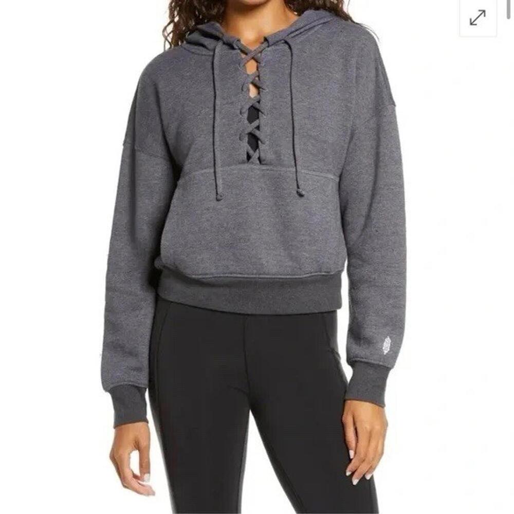 Free People sweatshirt womens medium M gray lace up hoodie athleisure workout
